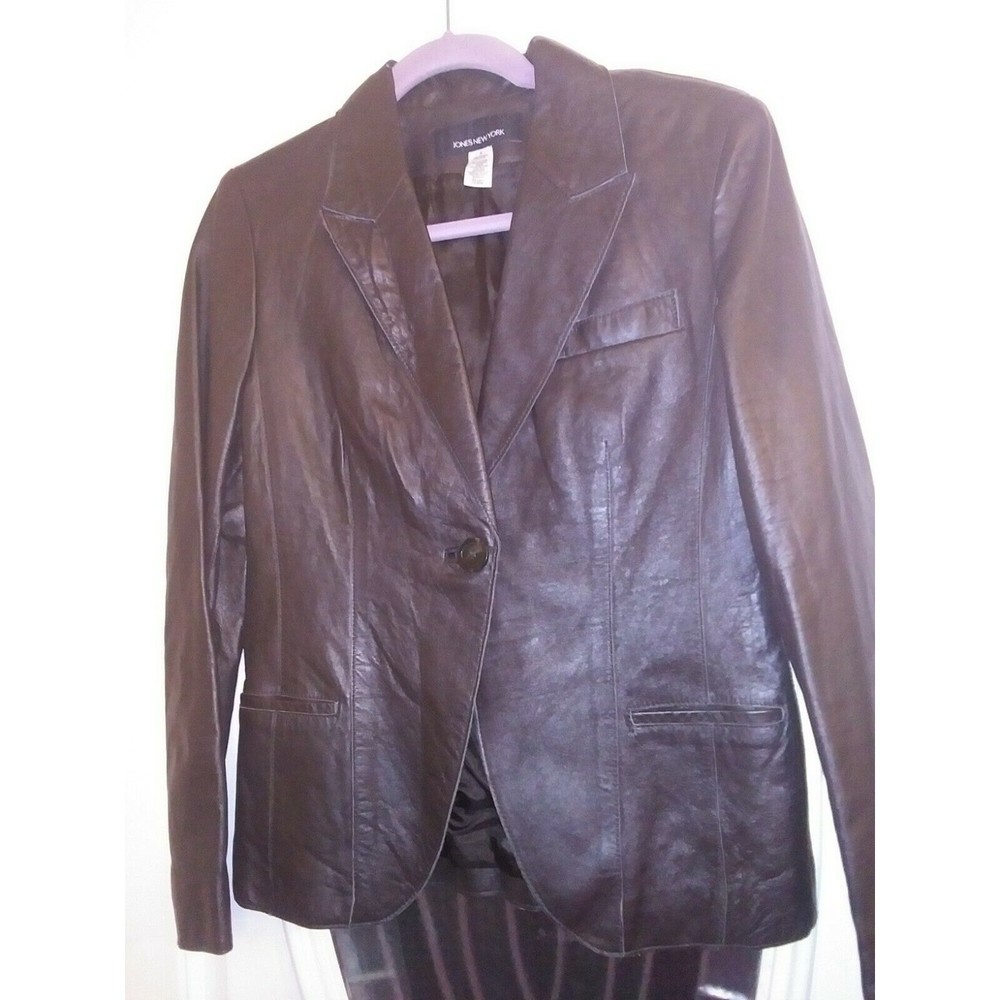 Jones New York Women's Brown Leather Jacket Coat Sz 4 Classy Dark Academia Boho